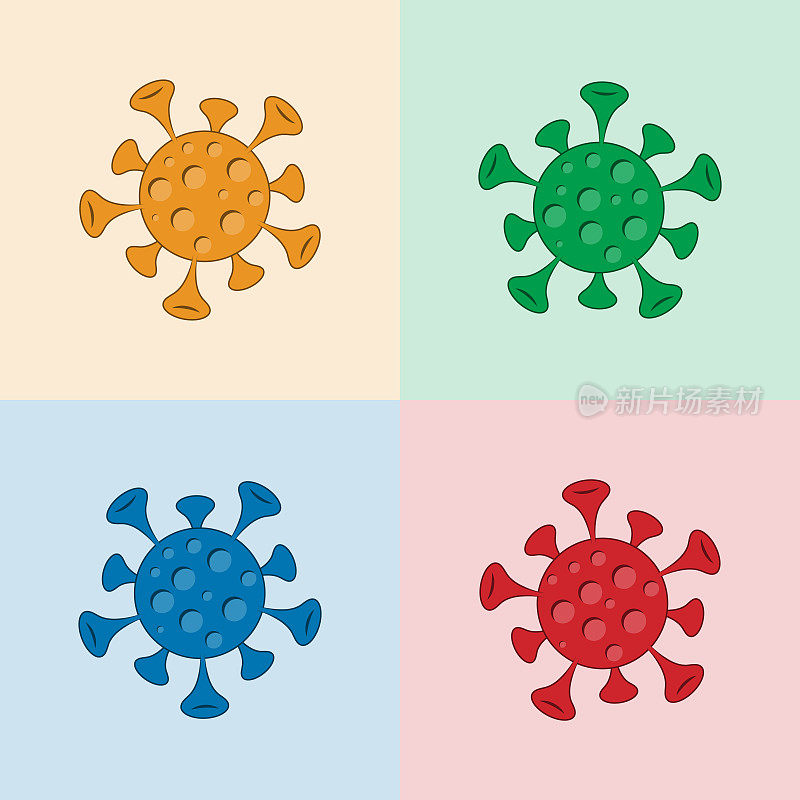 Set of coronavirus 2019-nCoV cells in cartoon style on multicolor background